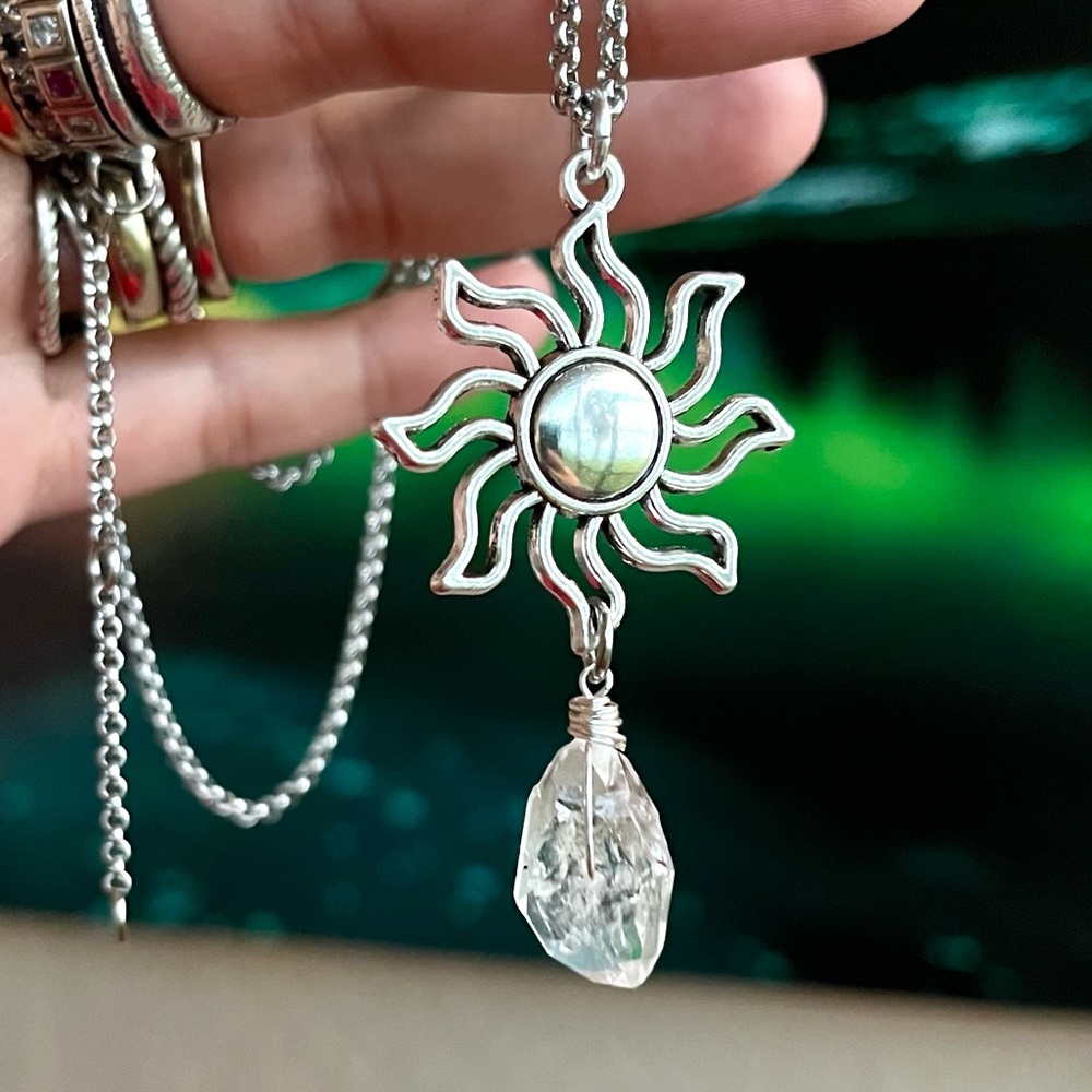 Genuine herkimer diamond crystal quartz sun charm boho chic necklace